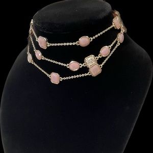 Ann Taylor Rose Quartz Beads and Pave Diamond Look Gold Opera Length Necklace